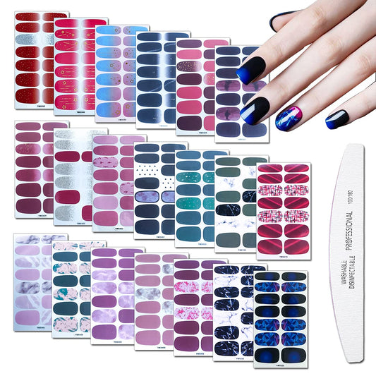 20 Sheets Full Nail Polish Stickers Strips Set with 1Pc File for Women & Girls, Gradient Nail Stickers Wraps Manicure Tips, Multiple Designs Gradient Stick on Gel Nail Strips