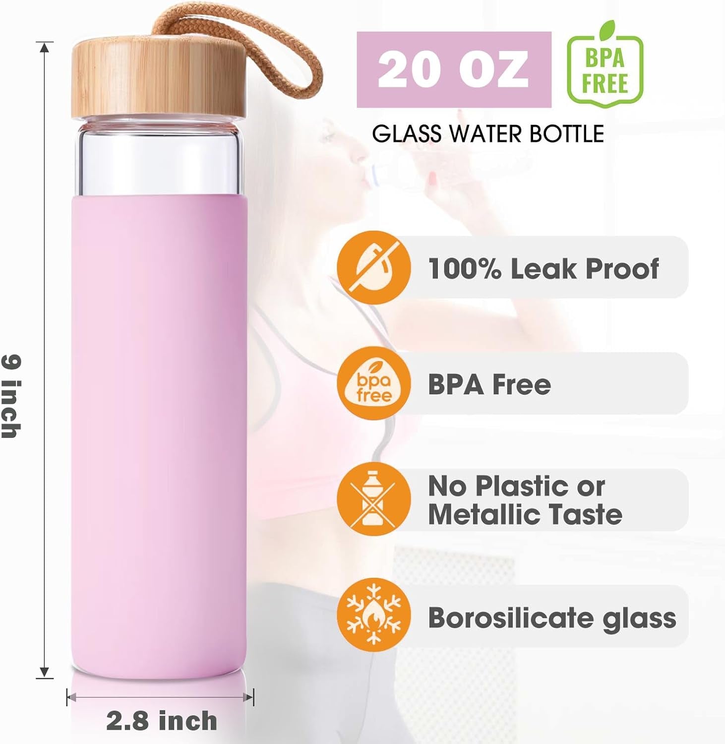 20 Oz Borosilicate Glass Water Bottle with Bamboo Lid and Silicone Sleeve – Reusable BPA Free Drinking Bottle with Lids - Cute Bottle for Women - Glass Shaker Bottle (Lavender Pink)