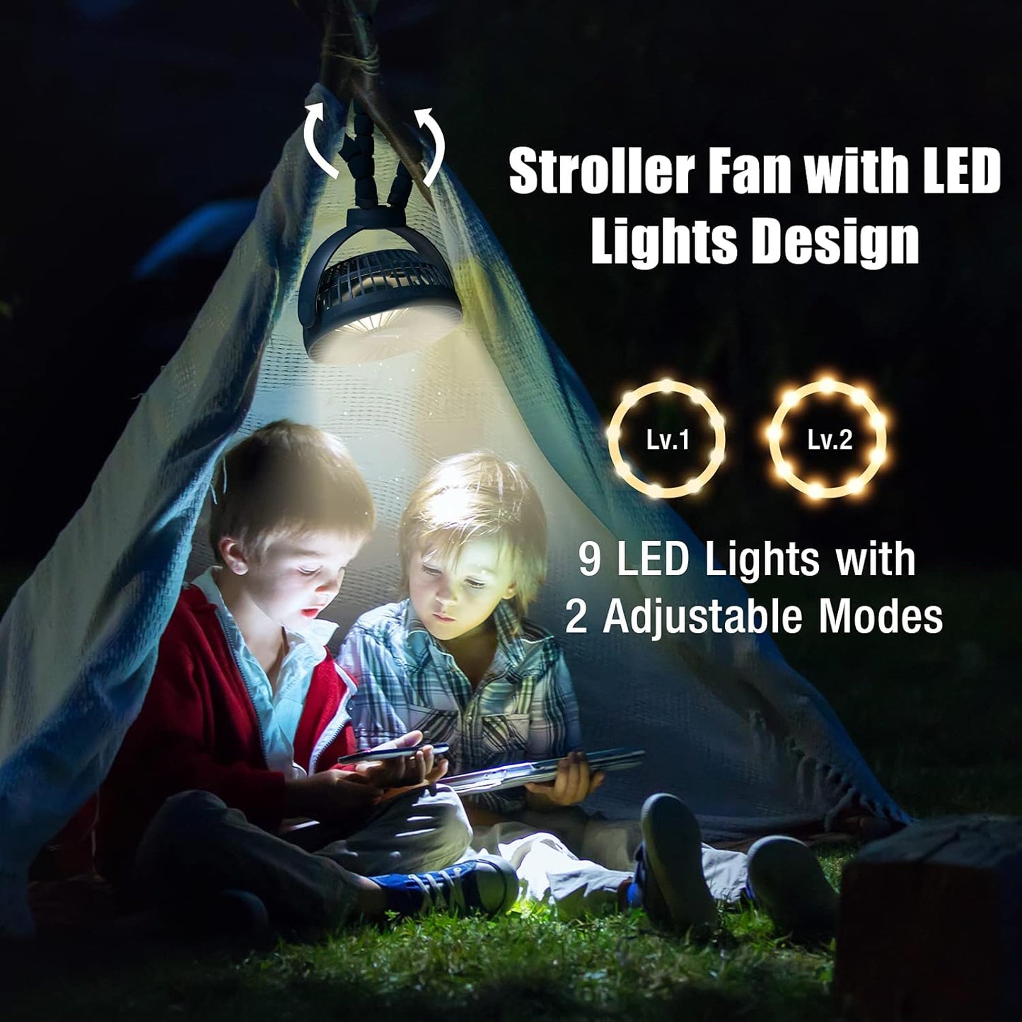 Portable Stroller Fan 60 Hours Small Fan Handheld with LED Lights, 12000Mah Quiet Battery Operated Fan with Tripod Legs, Mini Rechargeable USB Fan, Camping Fan for Treadmill Seat Travel Beach Tent