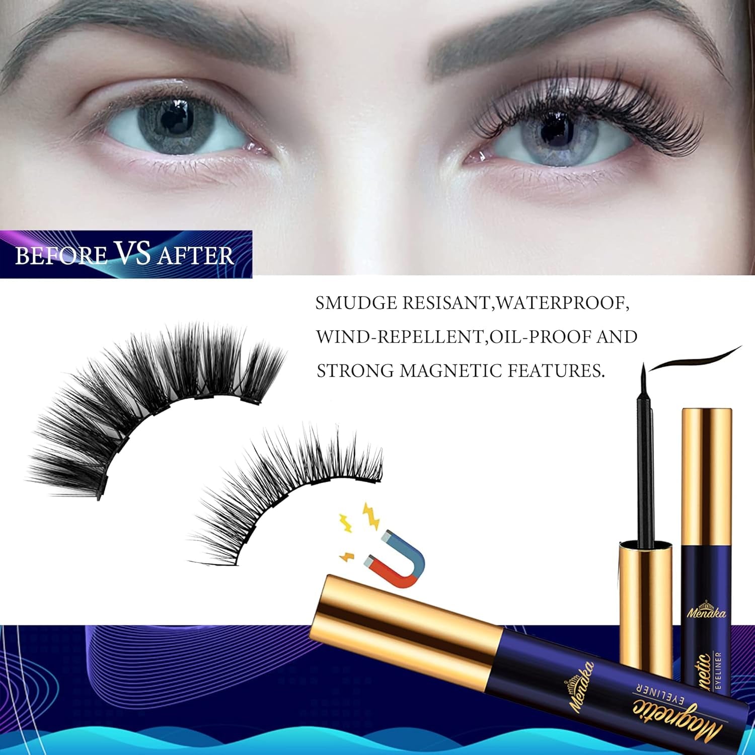 Magnetic Eyelashes with Eyeliner Kit, Magnetic Lashes and Eyeliner Kit with Applicator, Updated Most Natural Look,Strongest Hold,Waterproof, 10 Pairs Reusable False Lashes Easy to Use.