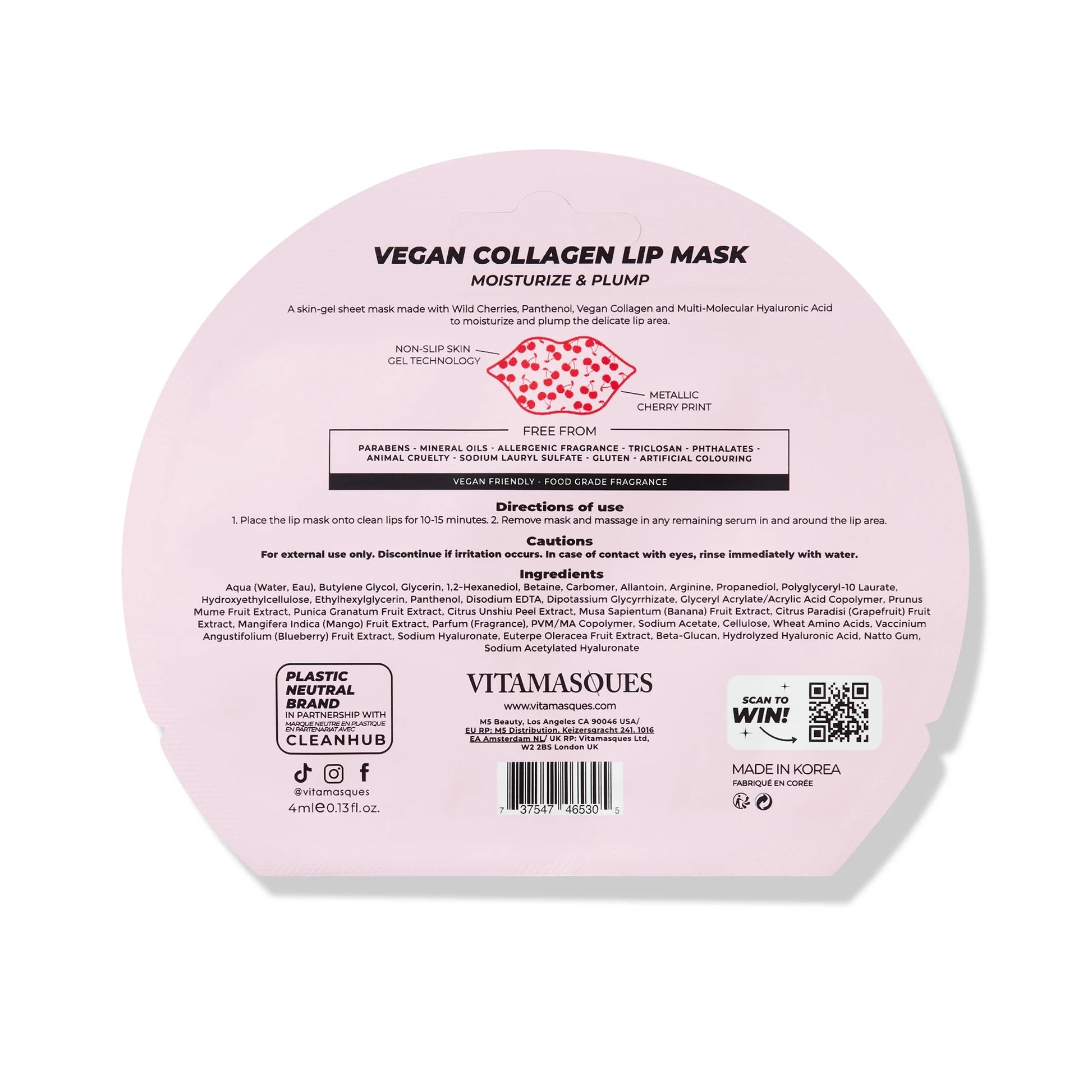 Cherry Vegan Collagen Lip Mask, Moisturise & Plump , One Patch