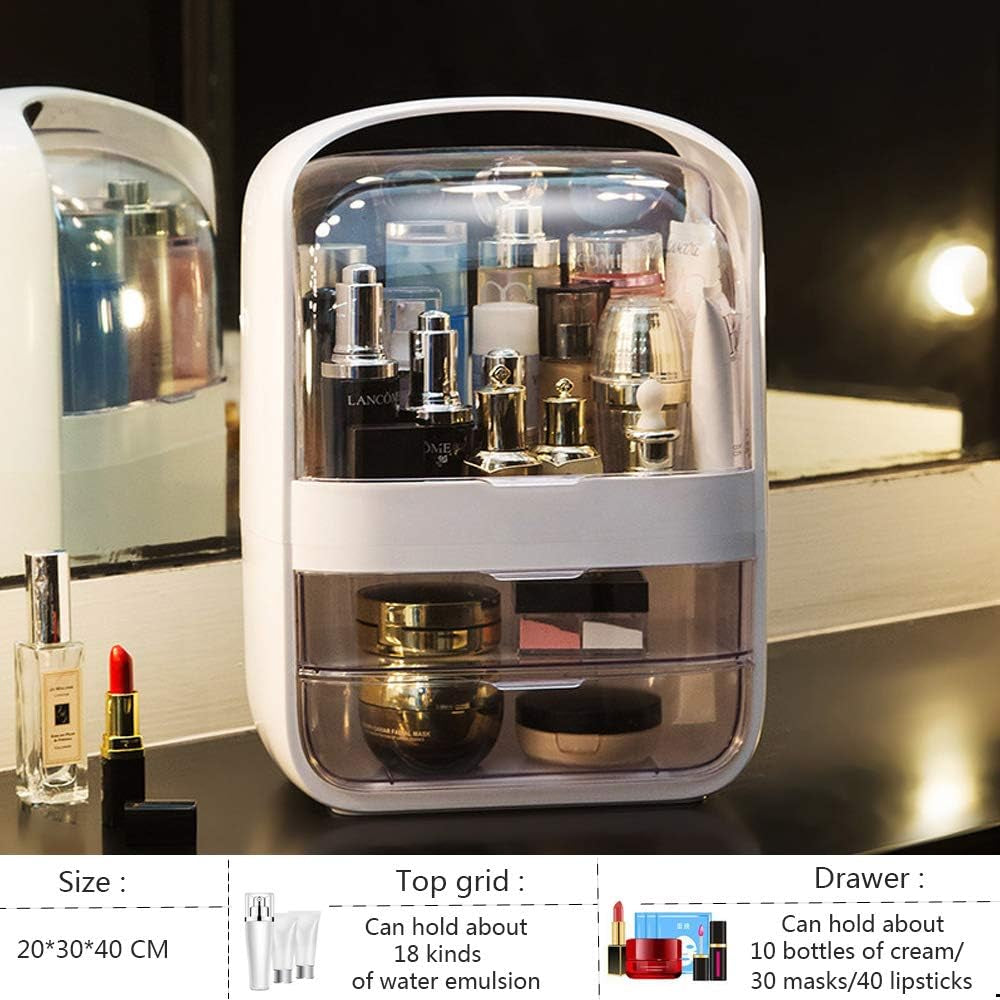 Multifunctional Makeup Organizer,Waterproof and Dustproof Cosmetic Organizer Box Portable Handle Fully Open Makeup Display Boxes for Bathroom, Dresser, Countertop