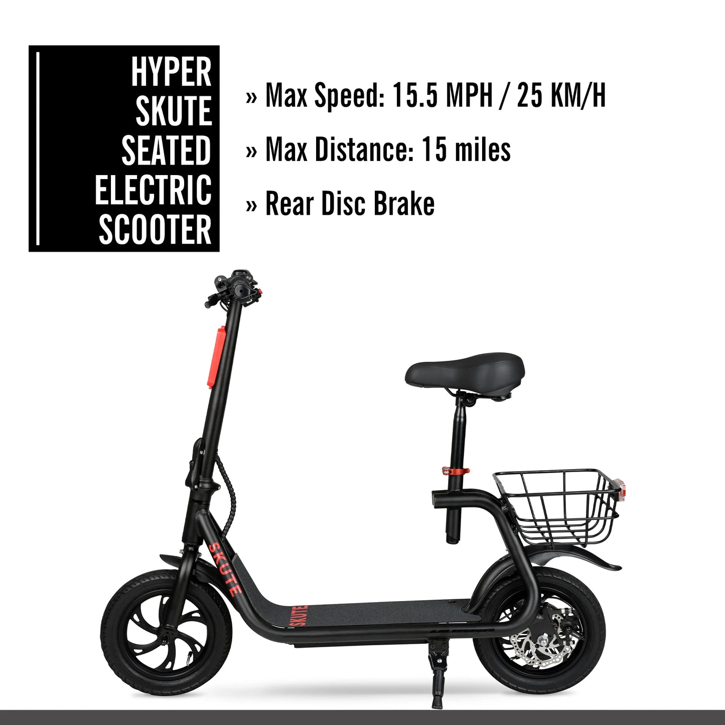 36V Hyper Commute 12" Seated Electric Scooter, 250W Motor, 13 Years+, Max Speed 15Mph, Adult