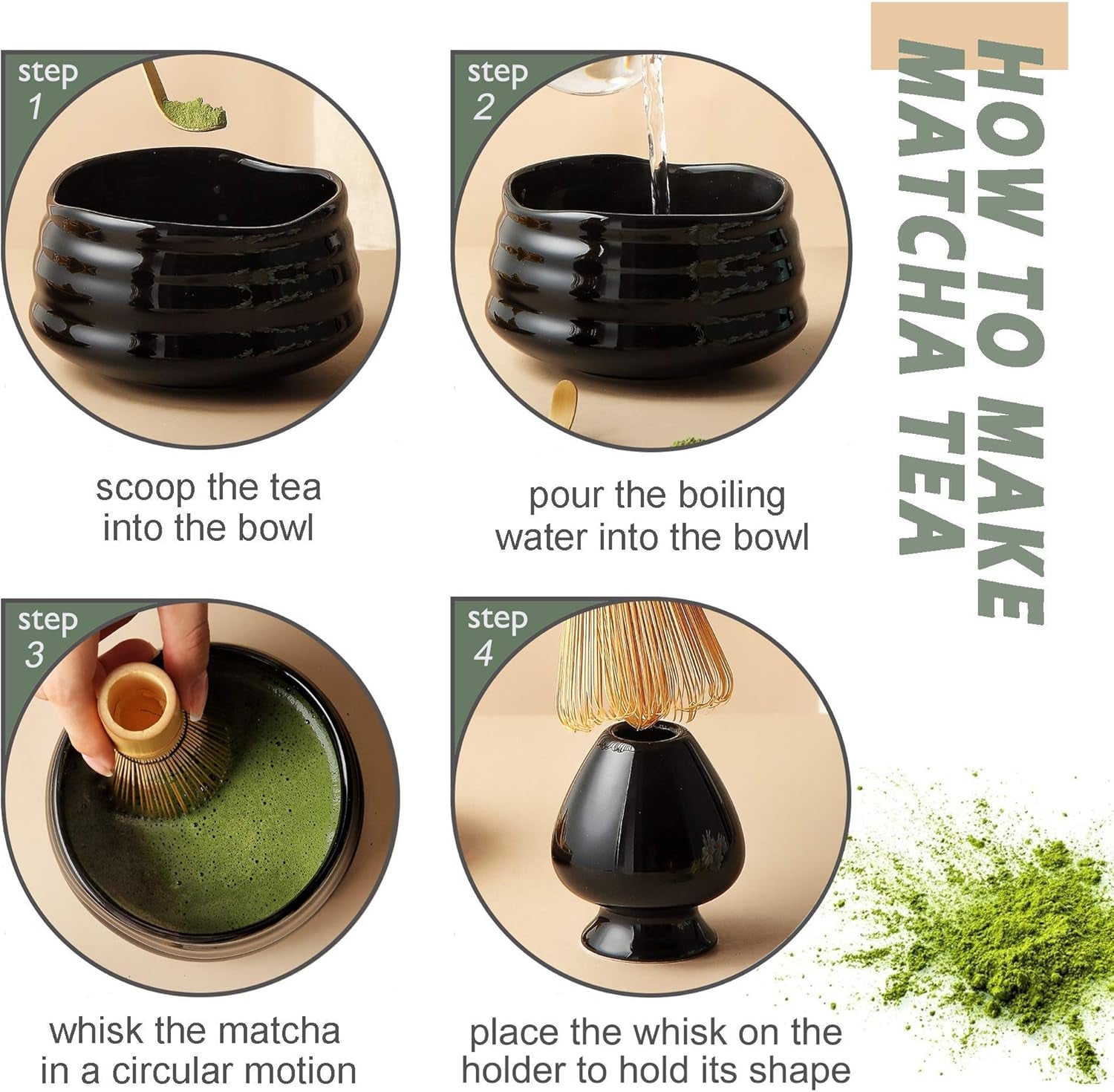 SRC Japanese Matcha Tea Set - Matcha Set with Matcha Whisk and Bowl | 5-Piece Matcha Kit with Bamboo Scoop & Matcha Whisk Holder | Matcha Tea Kit with Instructions inside Matcha Handbook (Black)
