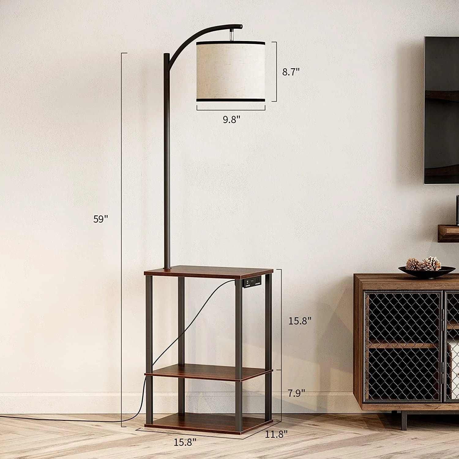 Floor Lamp with Table, End Table with Lamp for Living Room, Rustic End Table Lamp with Shelves, Walnut