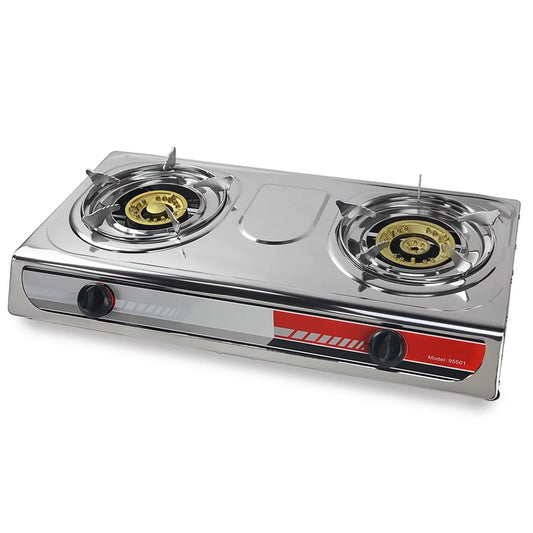 Portable Gas Stove 2 Burner Cooktop, Stainless Steel, Auto Ignition, Regulator Included