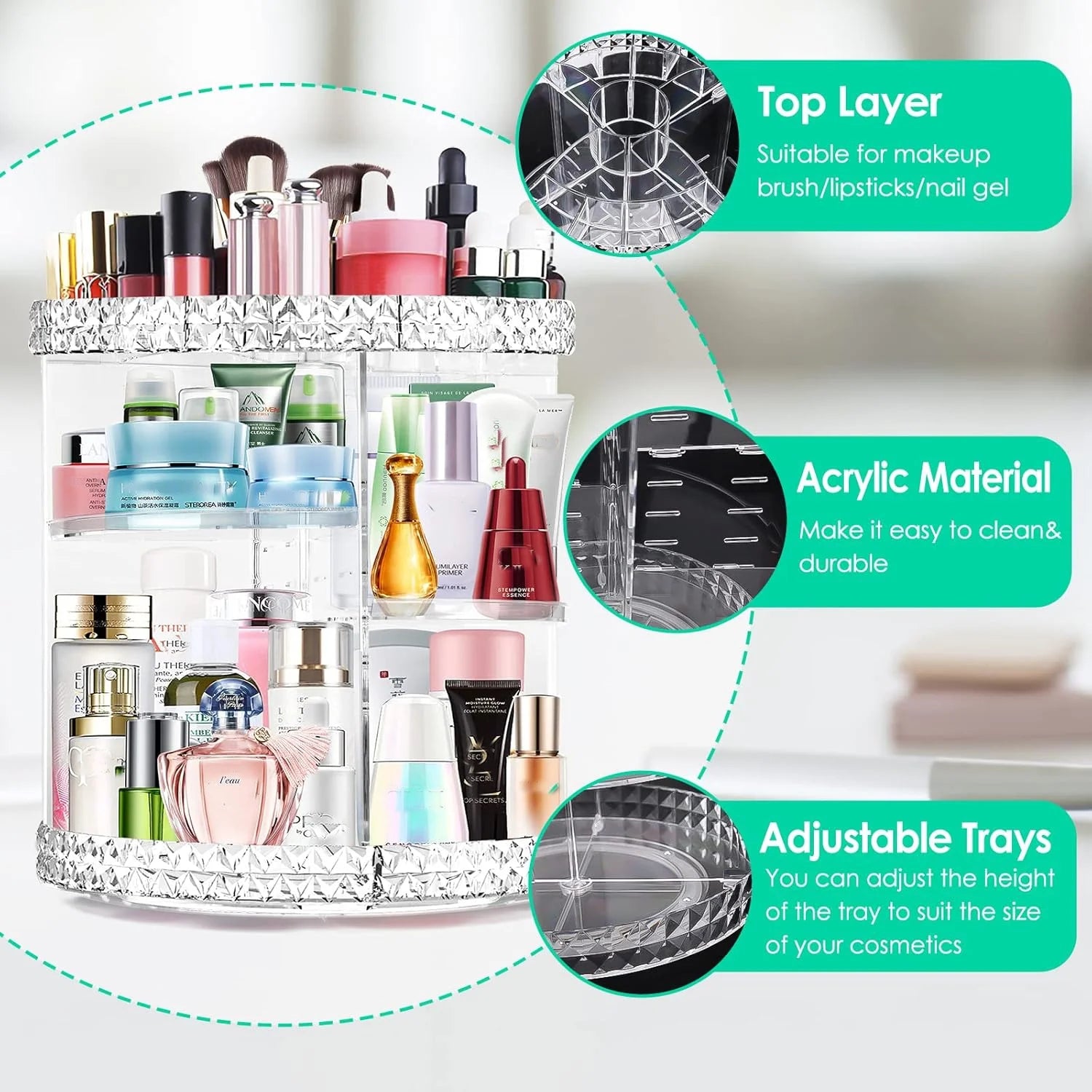 360 Rotating Makeup Organizer, Adjustable Storage Large Capacity Makeup Display Case Clear Acrylic Perfume Organizer Container for Cosmetic Brushes Lipsticks