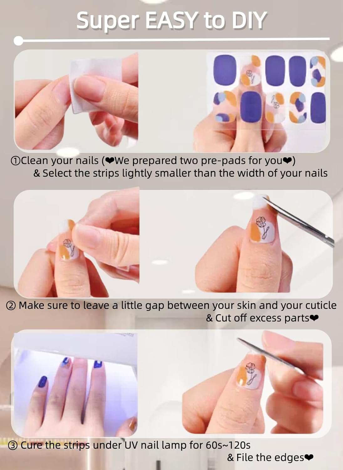 Semi Cured Gel Nail Strips, UV Nail Art Stickers, Gel Nail Wraps, Cherry Blossom, Pink, UV Curing Capability, 20Pcs