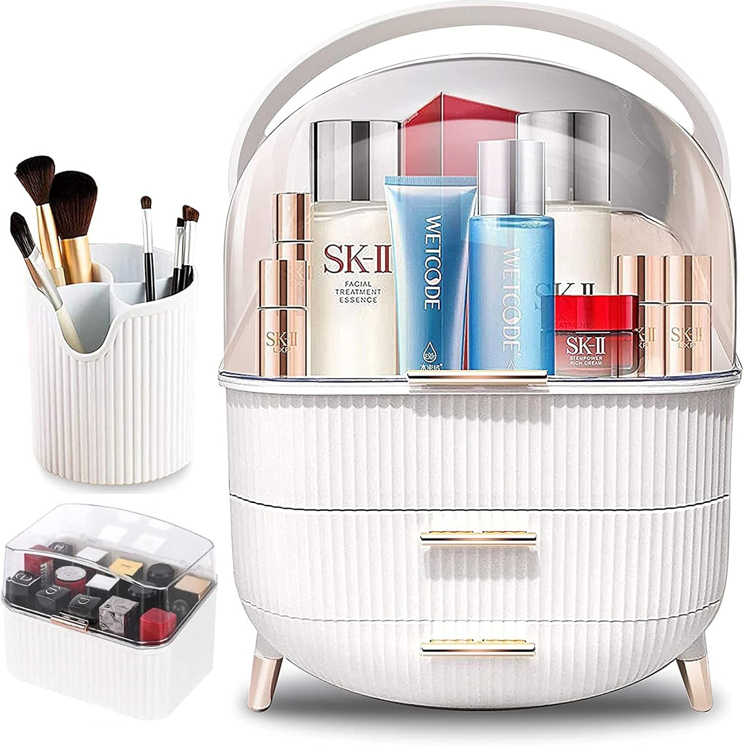 Makeup Organizer, Cosmetic Display Cases with Brush and Lipstick Organizer, Dust Water Proof Cosmetics Storage Display Skincare Case, Suitable for Bathroom and Bedroom Vanity (White)