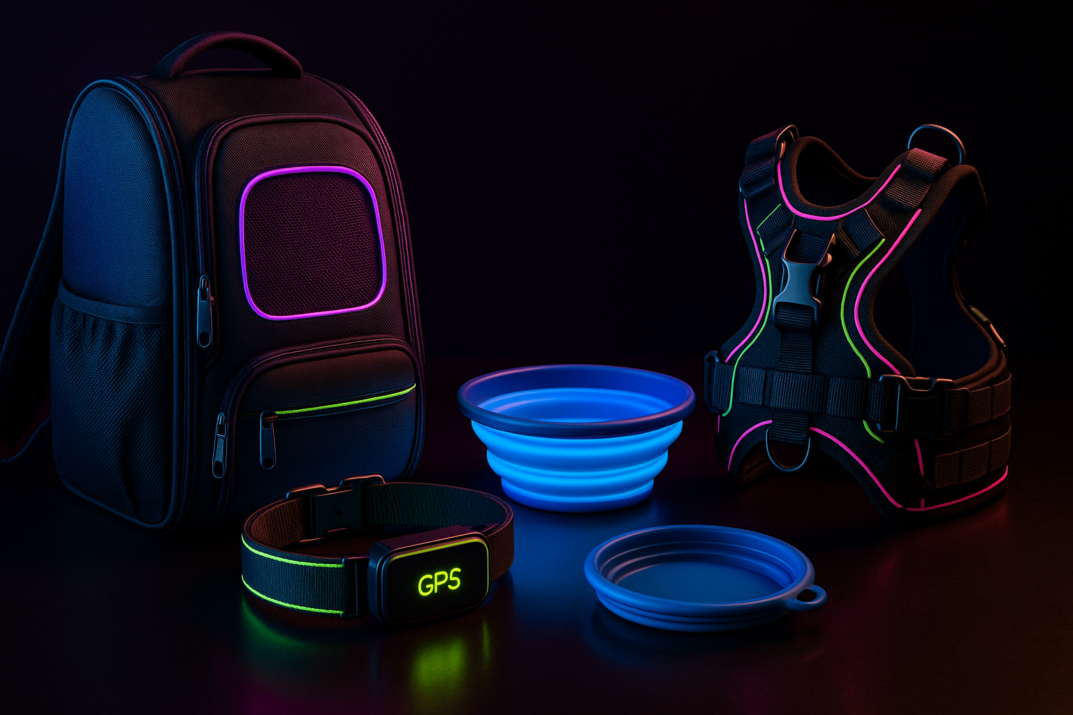 Travel back pack, gps pet collar, collapsible pet bow,l tactical dog, harness ,neon color luxurious photo horizontal for banner